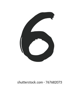 Vector ink hand drawn number six black on white hand written 6