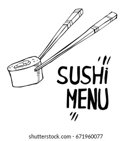 Tinta vectorial dibujada a mano ilustraciones esbozadas de palos de cortar y rollo de sushi. Con letras hechas a mano "sushi menu" para el restaurante de la cocina japonesa. Estilo de tinta de vintage