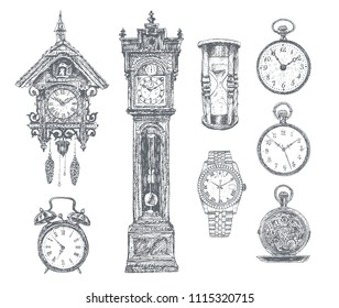 Vector ink hand drawn set. Key-wound shelf cuckoo, wake-up call, pendulum clock, hourglass, wristwatch, pocket watches. Clock and watch time, doodle stopwatch. Vintage Engraving illustration