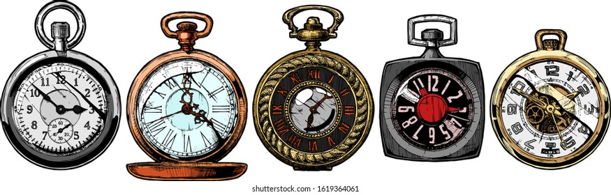 Vector ink hand drawn set of pocket watches. Illustration isolated on white.