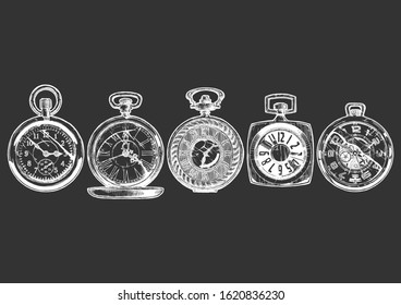 Vector ink hand drawn set of pocket watches. Illustration isolated on black background.  