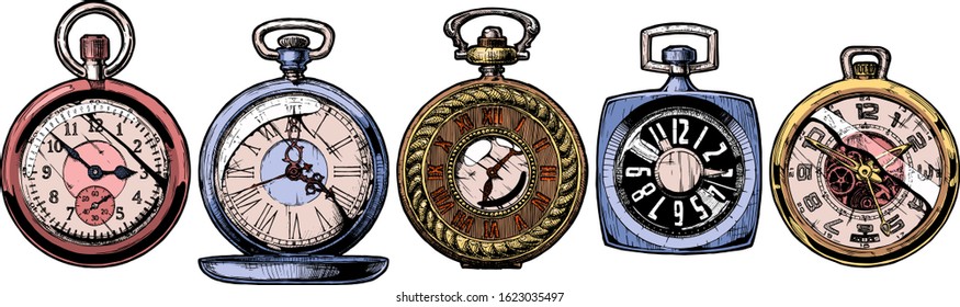 Vector ink hand drawn set of pocket watches. Illustration isolated on white.