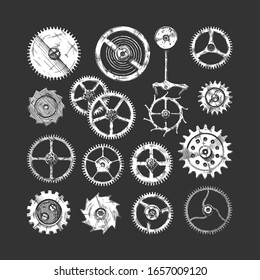 Vector ink hand drawn set of gear wheels. Black and white illustration. isolated on black.