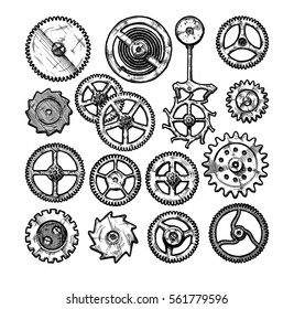 Vector ink hand drawn set of gear wheels. Black and white illustration. isolated on white.