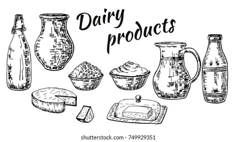 Vector ink hand drawn set of dairy products. Cheese, milk, yogurt, butter, cream and dairy products packaging vintage sketch illustration for recipe, print.