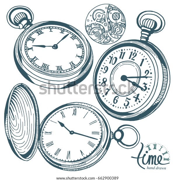 ベクターインク手描きの古い懐中時計セット 白い背景に白黒のイラスト のベクター画像素材 ロイヤリティフリー
