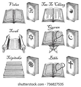 Vector ink hand drawn sketch style holy books set. Holy books of world religions judaism, christianity, islamism, buddhism, hinduism, taoism vintage sketch illustration.