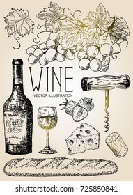 Vector ink hand drawn style illustration of red wine objects for menu, recipe. Bottle of wine, glass of wine, bunch of grapes, strawberry, bread, cheese, cork and corkscrew.