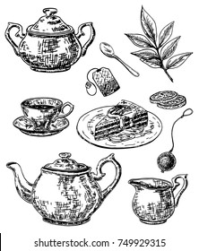 Vector ink hand drawn style tea set with sugar bowl, teapot, cup, saucer and spoon, tea bag, strainer, lemon, tea leaves, slice of cake. Vintage sketch illustration for cafe, restaurant menu, print.
