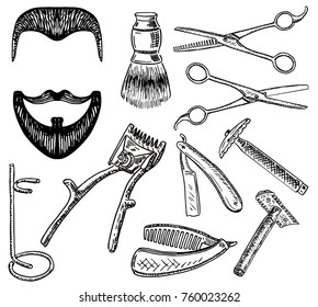 Vector ink hand drawn style barbershop set. Straight razor, scissors, shaving brush, etc. Barber shop haircut and shave concept vintage sketch illustration.