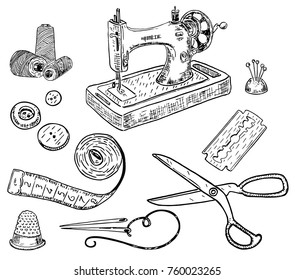 Vector ink hand drawn style sewing set with stitching machine, sewing scissors, needle, razor blade, tape measure, pins, thimble, buttons isolated on white background.