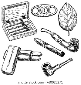 Vector Ink Hand Drawn Style Tobacco Set With Tobacco Leaf, Cigars, Smoking Pipe, Cigarette Holder, Humidor, Etc. Vintage Sketch Illustration.