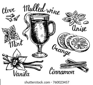 Vector ink hand drawn style mulled wine set for menu, recipe. Glass of gluhwein, mulling spices and slices of orange isolated on white background.