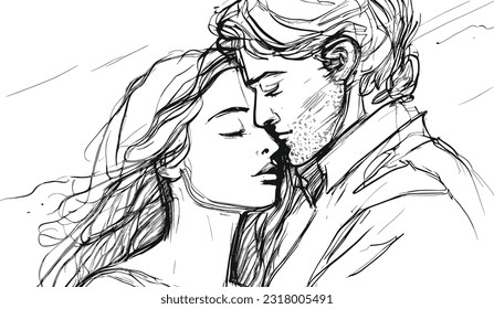Couple Happy Line Pencil Drawing Vector. Love Man, Romantic Woman,  Lifestyle Young, Romance Two Relationship, Together Couple Happy Character.  People Illustration Royalty Free SVG, Cliparts, Vectors, and Stock  Illustration. Image 198216501.