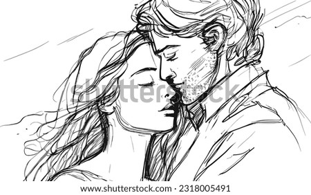 Vector ink illustration of couple holding kal. Lovers hugging each other.
