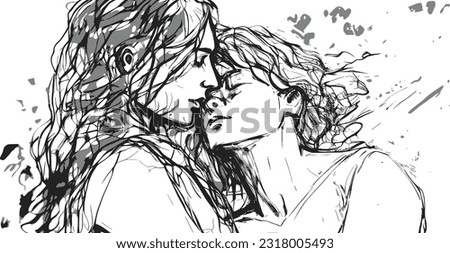 Vector ink illustration of couple holding kal. Lovers hugging each other.