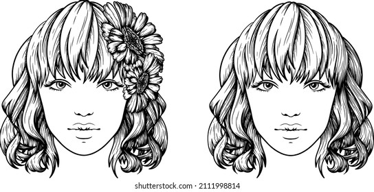 Vector ink illustration. The face of a young girl with wavy hair decorated with flowers.