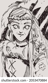 Vector ink illustration with graphic drawing. Witch.
