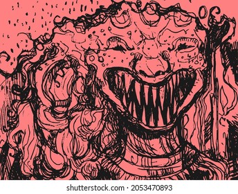 Vector ink illustration with graphic drawing.  Abstract doodle monster face with teeth. 