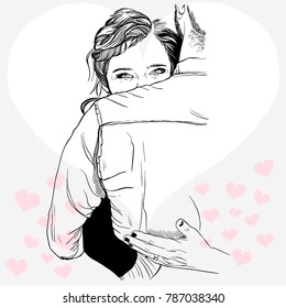 Vector ink illustration of holding couple on grey background with big white and pink hearts. Girl with hair tied back. She holding him closely in her arms. Love postcards, Valentine’s day, Wedding