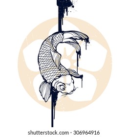 Vector ink illustration of a Japanese or Chinese inspired koi carp fish