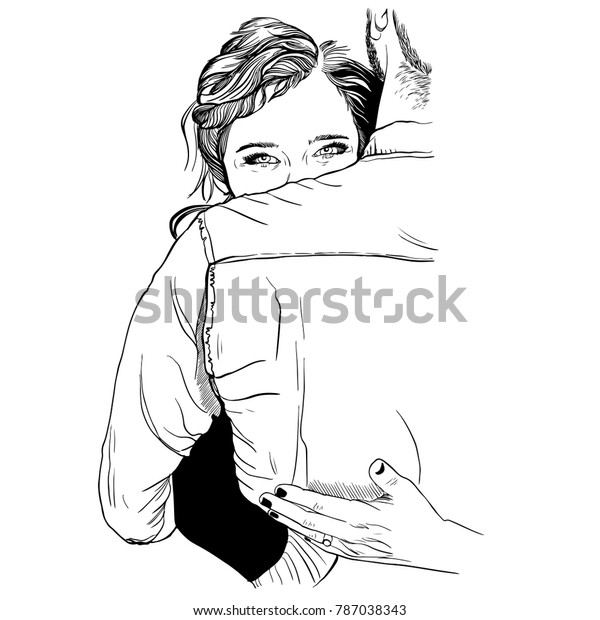 抱き合うカップルのベクターインクイラスト 長い髪の女の子を後ろで結ぶ 彼女は彼を抱きしめた ラブハガキ ファッションイラスト バレンタインデー ウエディング のベクター画像素材 ロイヤリティフリー