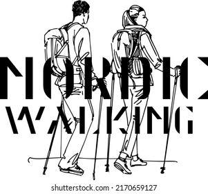 the vector ink illustration of the walking hiking person