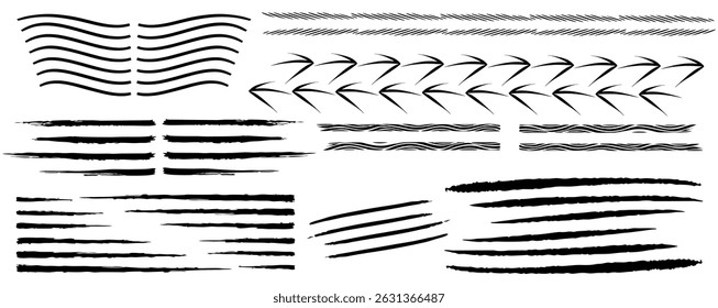 Vector Ink Line Art Brush Set – Abstract Hand Drawn Strokes, Arrow Dividers, Wavy Lines, Grunge Paint Smears, Design Elements for Tattoo, Comic, Graphic, and Digital Art Projects