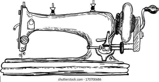 Vector ink line drawing of the antique retro sewing machine