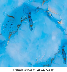 Vector Ink Marble. Blue Art Paint. Alcohol Ink Marble. Metal Bronze Repeat. Gold Abstract Background. Modern Abstract Ink Template. Ocean Elegant Background. Foil Marble Watercolor. Vector Watercolor