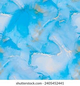 Vector Ink Marble. Gold Sea Paint. Foil Marble Watercolor. Trendy Seamless Ink Template. Ocean Golden Repeat. Alcohol Ink Marble. Light Elegant Watercolor. Blue Abstract Background. Luxury Watercolor
