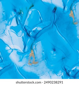 Mármol de Vector. Brillo de cobre metálico. Mármol de acuarela. Lámina Mármol Acuarela. Plantilla de tinta Abstractas líquida. Fondo azul sin costuras. Acuarela elegante del océano. Pintura artística dorada. Tinta de alcohol moderna