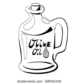 vector ink olive oil bottle with hand lettering and drop of oil on it. black graphic illustration on white background.
