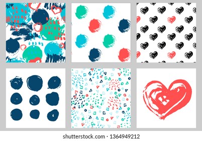 Vector ink and paint textures set. Grungy hand drawn elements. Romantic patterns with hearts