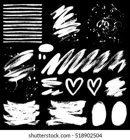 Vector ink and paint textures set. Grungy hand drawn lines, spots, hearts, drops and stains.