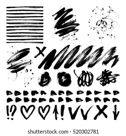 Vector ink and paint textures set. Grungy hand drawn lines, spots, hearts, drops and stains.