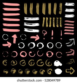 Vector ink and paint textures set. 
Grungy hand drawn lines, spots, circles, arrows, drops and stains.