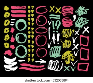 Vector ink and paint textures set. Grungy hand drawn lines, spots, hearts, drops and stains.