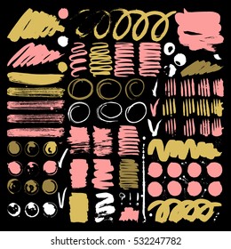 Vector ink and paint textures set. Grunge hand drawn lines, spots, stamps, drops and stains.