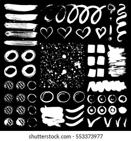Vector ink and paint textures set. 
Grunge hand drawn lines, spots, hearts, stamps, splashes, drops and stains.