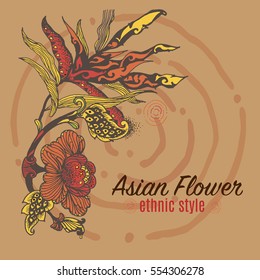 Vector Ink Painting of Asian Flower. Thai Style.