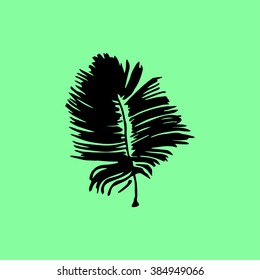 Vector ink palm icon. Tropical palm tree on bright green background. Decoration element. Palm doodle in hand drawn style. Tropical leaf palm icon. Tourist holiday decoration element.
