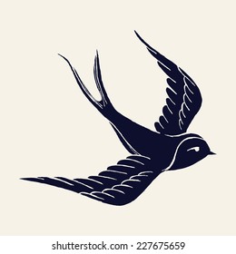 Vector ink pen hand drawn flying swallow silhouette illustration with vintage feel | Flying swallow tattoo