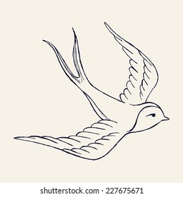 Vector ink pen hand drawn flying swallow illustration with vintage feel | Flying swallow tattoo