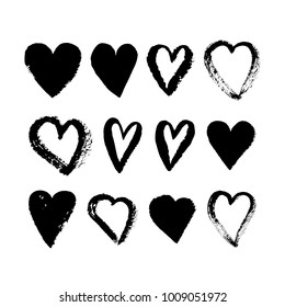 Vector ink pink heart logo, shape, symbol on Happy Valentines Day. Set of silhouette hearts in grunge style