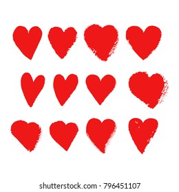 Vector ink pink heart logo, shape, symbol on Happy Valentines Day. Set of silhouette hearts in grunge style