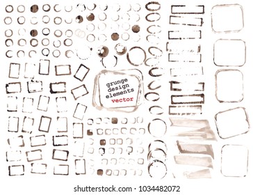 Vector ink prints of various shapes and sizees in brown sepia color. Round, square, oval, rectangle frames. Grunge design elements set.