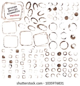 Vector ink prints of various shapes and sizes in brown sepia color. Round, square, oval, rectangle frames. Grunge design elements set.