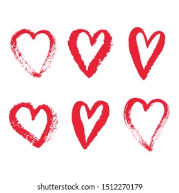 Vector ink red heart logo, shape, symbol set on Happy Valentines Day. Silhouette in grunge style