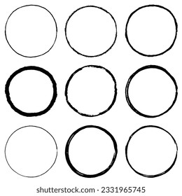 Vector ink round frames. Circle label for image. Grunge black borders, isolated on the background. Hand draw template
